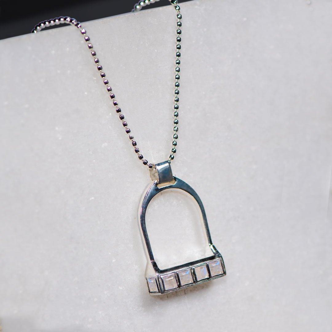 Urban Equestrian  Keepsake - Moonstone Equestrian Riding Stirrup Necklace in Silver