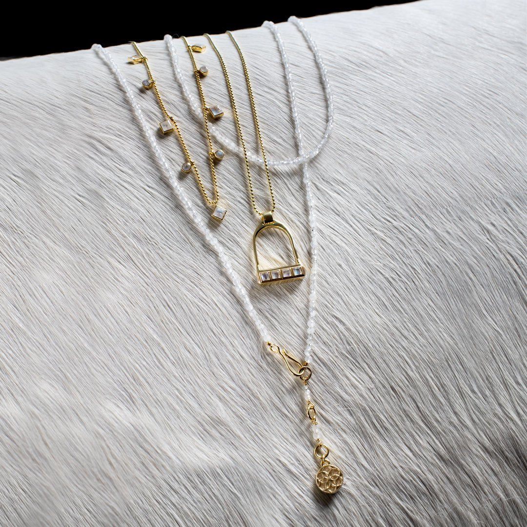Urban Equestrian  Keepsake - Moonstone Equestrian Riding Stirrup Necklace in Silver