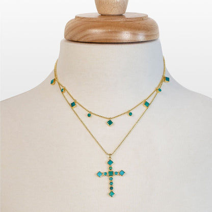 Urban Equestrian  Keepsake - Turquoise Cross Necklace in Gold