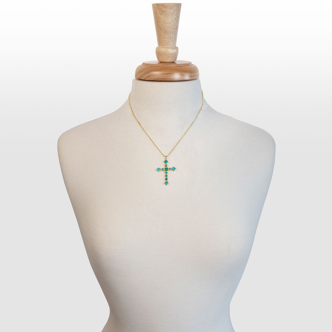 Urban Equestrian  Keepsake - Turquoise Cross Necklace in Gold