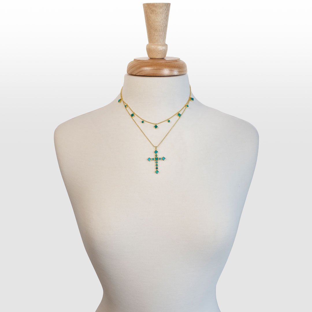 Urban Equestrian  Keepsake - Turquoise Cross Necklace in Gold