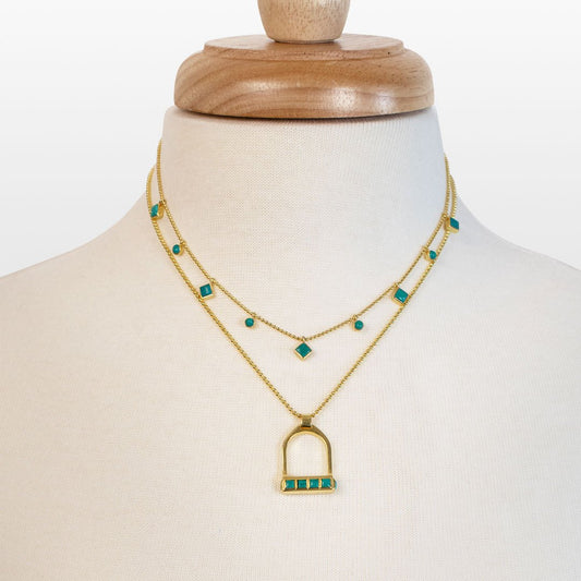 Urban Equestrian  Keepsake - Turquoise Equestrian Riding Stirrup Necklace in Gold