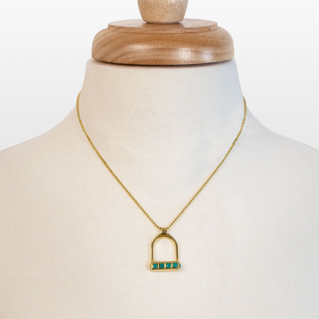 Urban Equestrian  Keepsake - Turquoise Equestrian Riding Stirrup Necklace in Gold