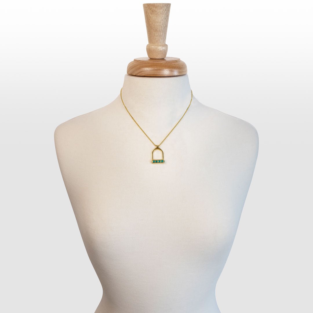 Urban Equestrian  Keepsake - Turquoise Equestrian Riding Stirrup Necklace in Gold