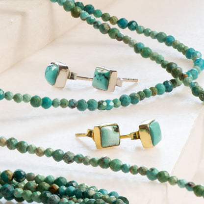 Urban Equestrian  Keepsake -  Square Cut Turquoise Stud Earring in 14K Gold Vermeil