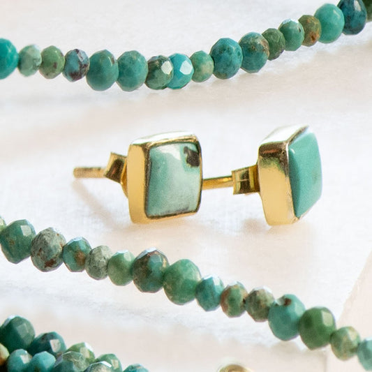 Urban Equestrian  Keepsake -  Square Cut Turquoise Stud Earring in 14K Gold Vermeil