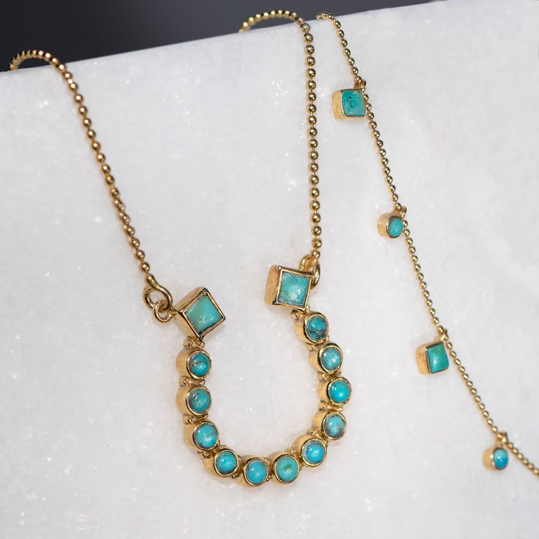 Urban Equestrian  Keepsake - Turquoise Equestrian Horseshoe Necklace in Gold