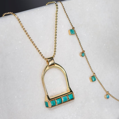 Urban Equestrian  Keepsake - Turquoise Equestrian Riding Stirrup Necklace in Gold