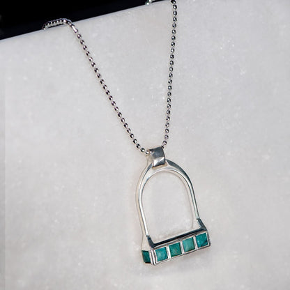 Urban Equestrian  Keepsake - Turquoise Equestrian Riding Stirrup Necklace in Silver