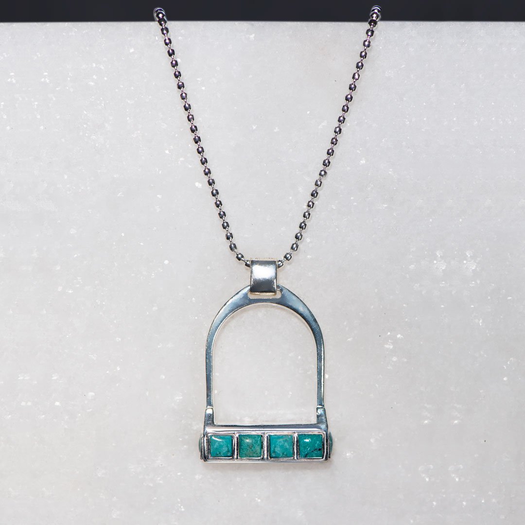 Urban Equestrian  Keepsake - Turquoise Equestrian Riding Stirrup Necklace in Silver