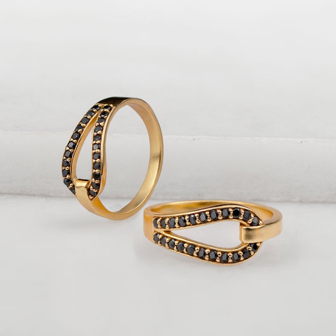 Urban Equestrian  Levade - Black Moissanite Equestrian Horseshoe Ring in Gold