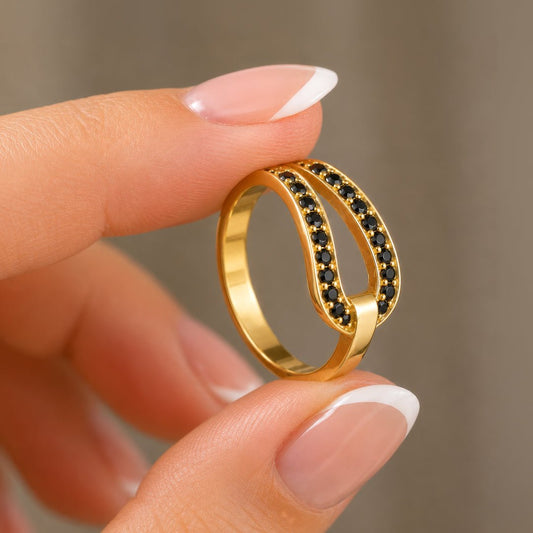 Urban Equestrian  Levade - Black Moissanite Equestrian Horseshoe Ring in Gold