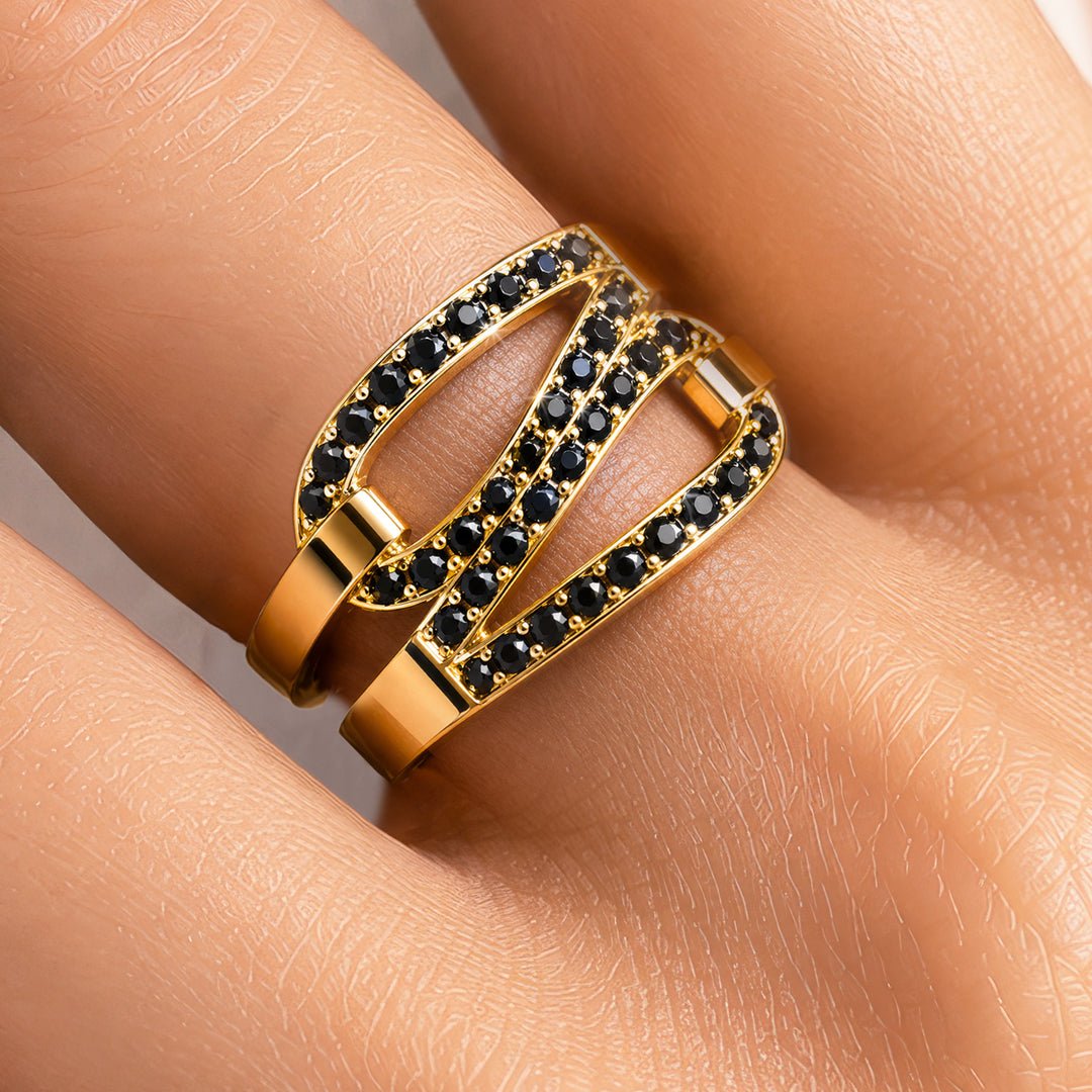 Urban Equestrian  Levade - Black Moissanite Equestrian Horseshoe Ring in Gold