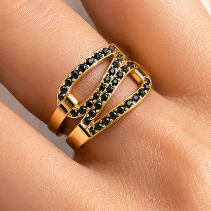 Urban Equestrian  Levade - Black Moissanite Equestrian Horseshoe Ring in Gold