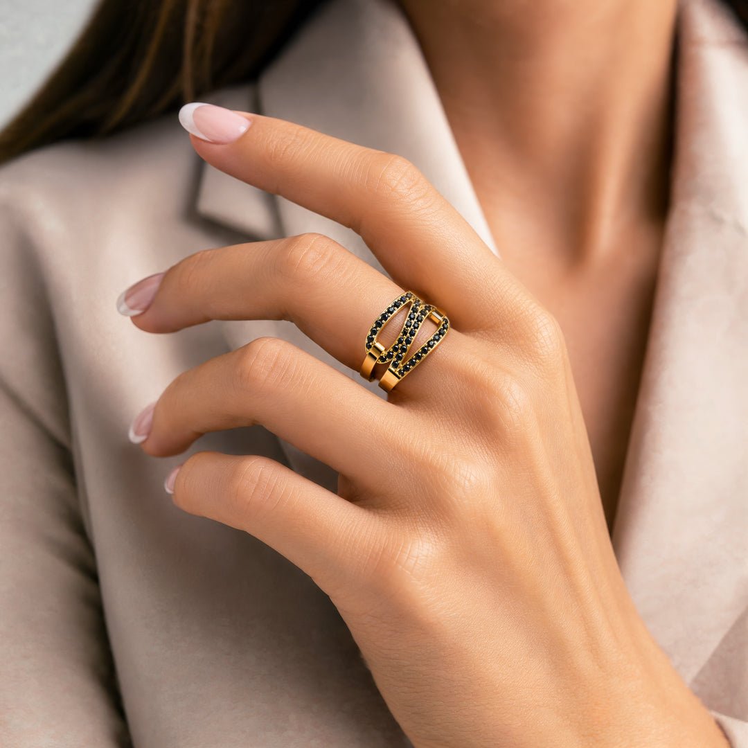Urban Equestrian  Levade - Black Moissanite Equestrian Horseshoe Ring in Gold