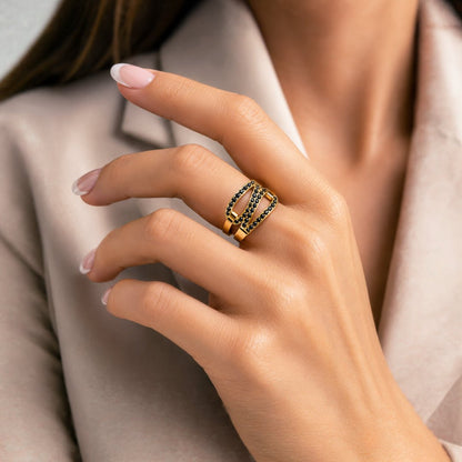 Urban Equestrian  Levade - Black Moissanite Equestrian Horseshoe Ring in Gold