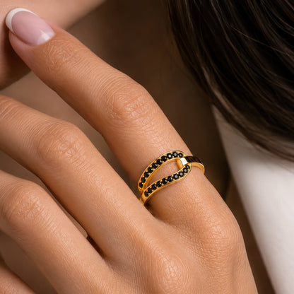Urban Equestrian  Levade - Black Moissanite Equestrian Horseshoe Ring in Gold