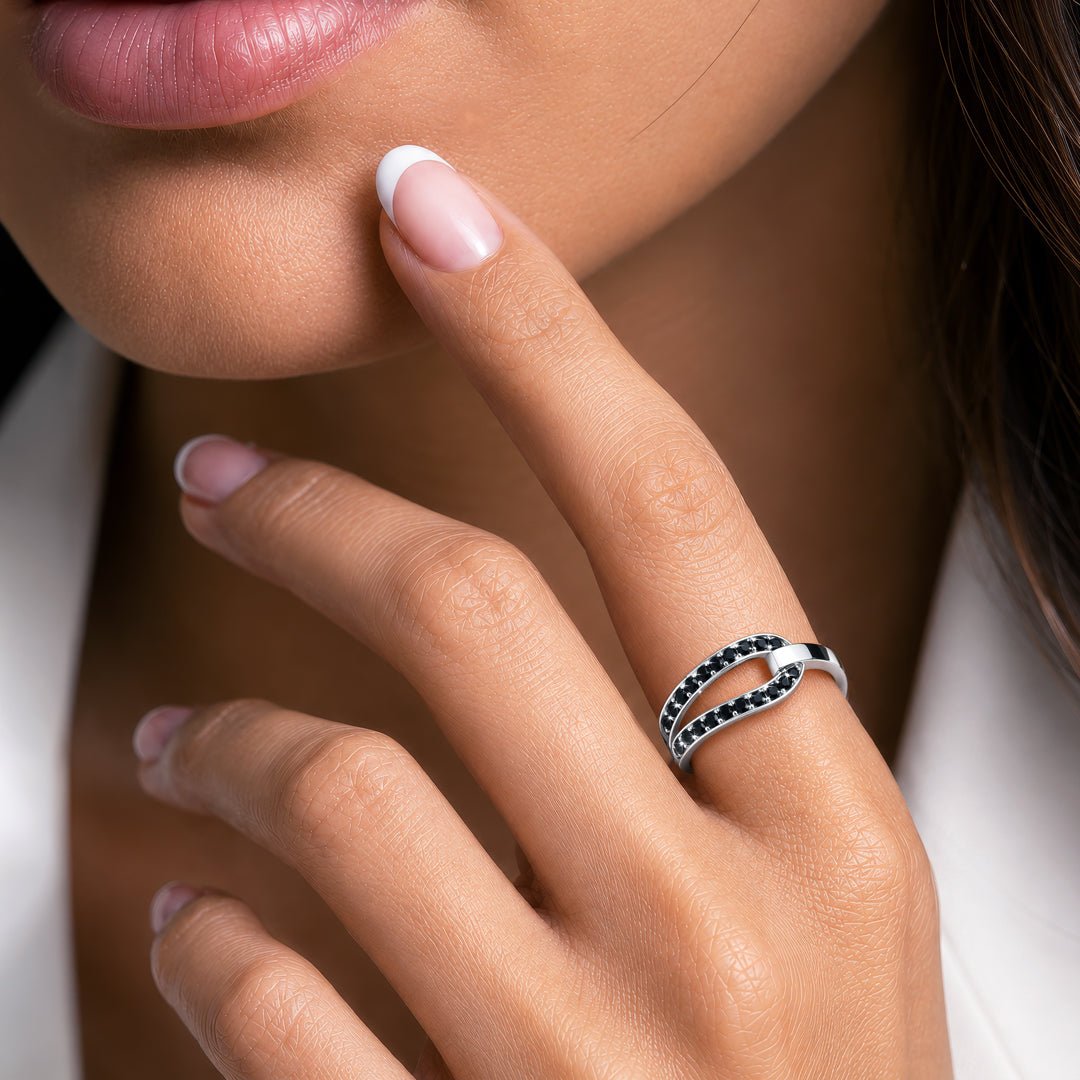 Urban Equestrian  Levade - Black Moissanite Equestrian Horseshoe Ring in Silver