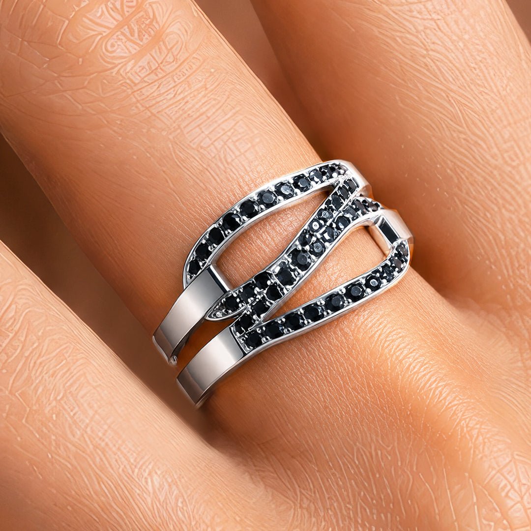 Urban Equestrian  Levade - Black Moissanite Equestrian Horseshoe Ring in Silver