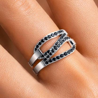 Urban Equestrian  Levade - Black Moissanite Equestrian Horseshoe Ring in Silver