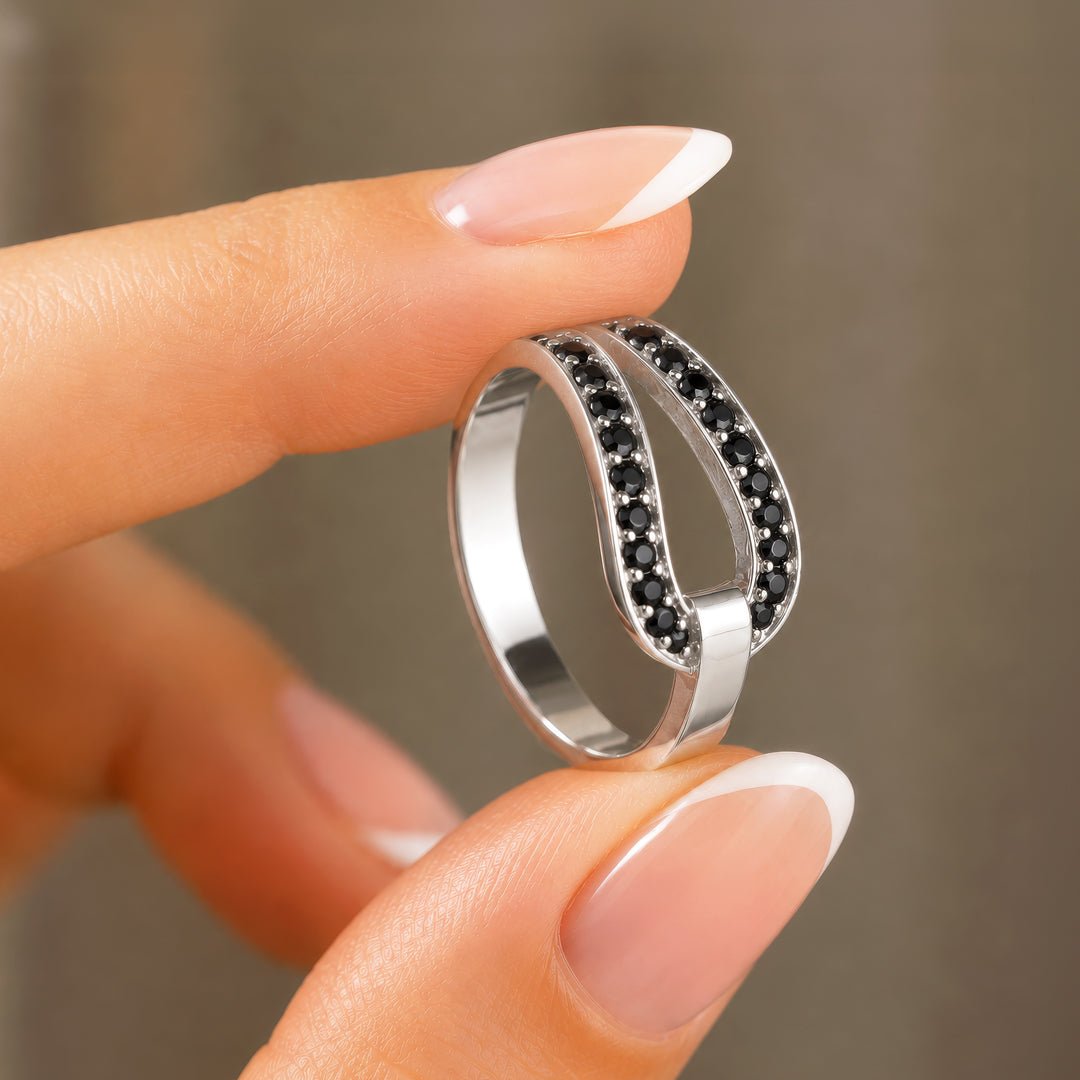 Urban Equestrian  Levade - Black Moissanite Equestrian Horseshoe Ring in Silver