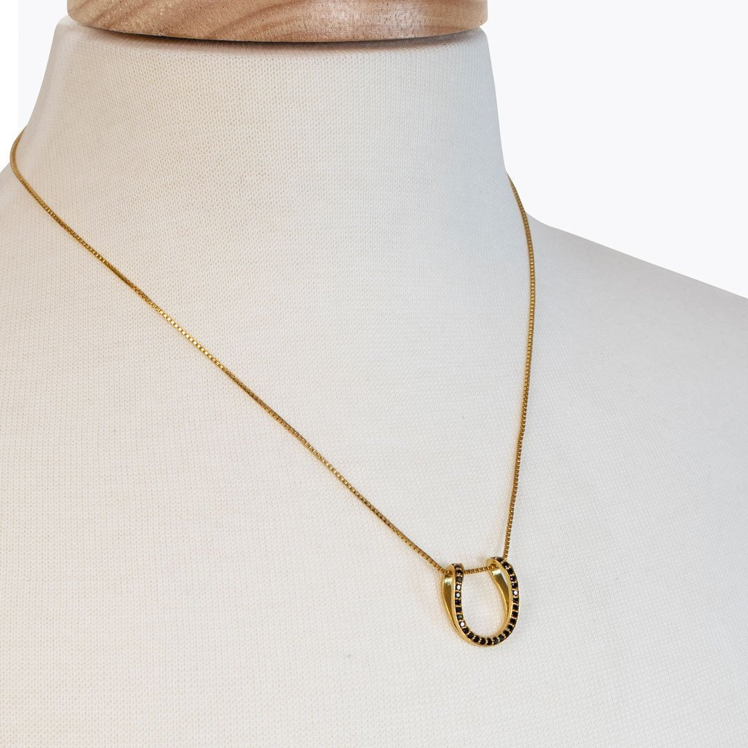 Urban Equestrian  Levade -Black Moissanite Horseshoe Equestrian Necklace in Gold