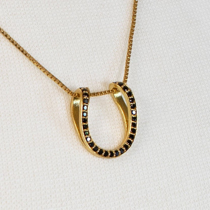 Urban Equestrian  Levade -Black Moissanite Horseshoe Equestrian Necklace in Gold