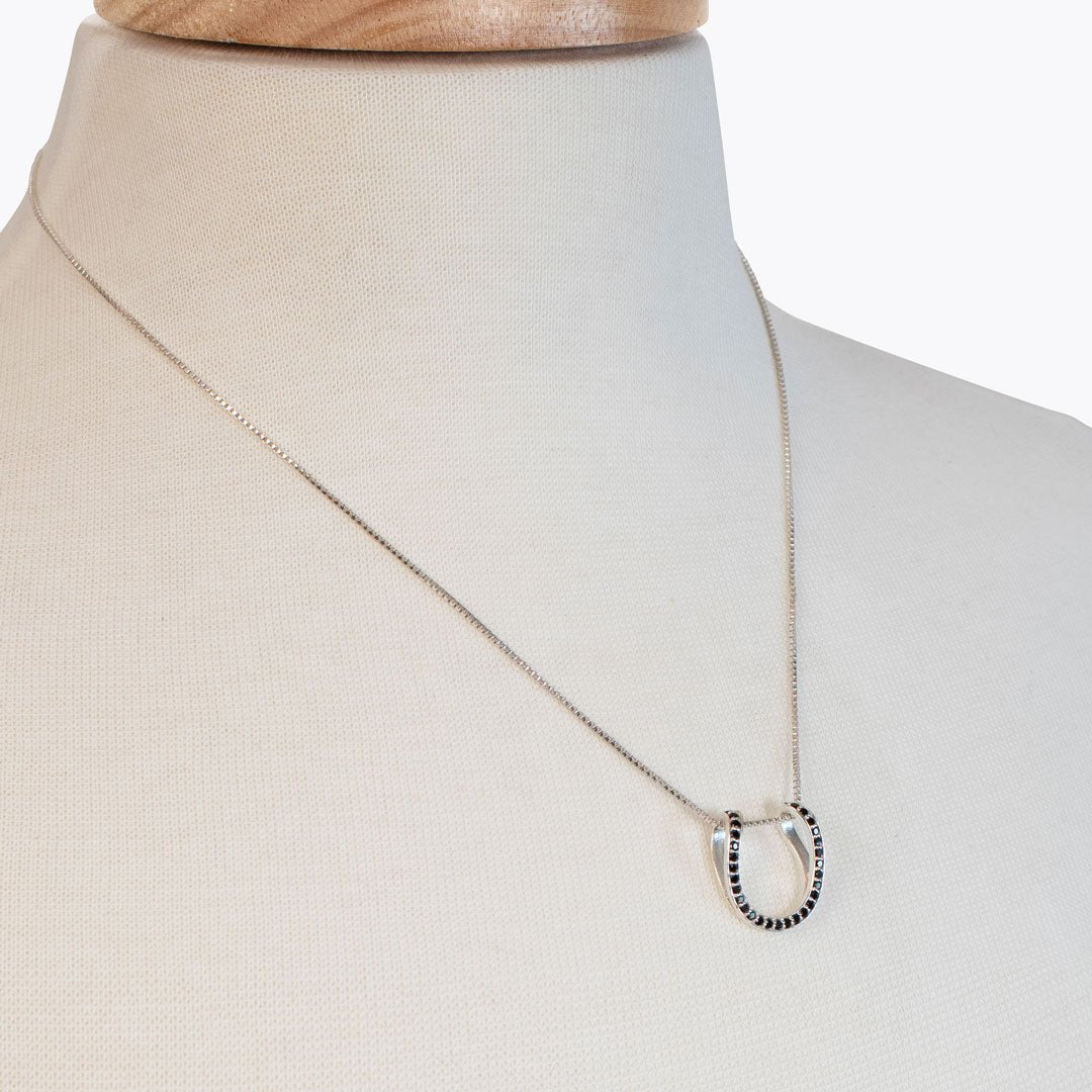 Levade -Black Moissanite Horseshoe Equestrian Necklace in Silver