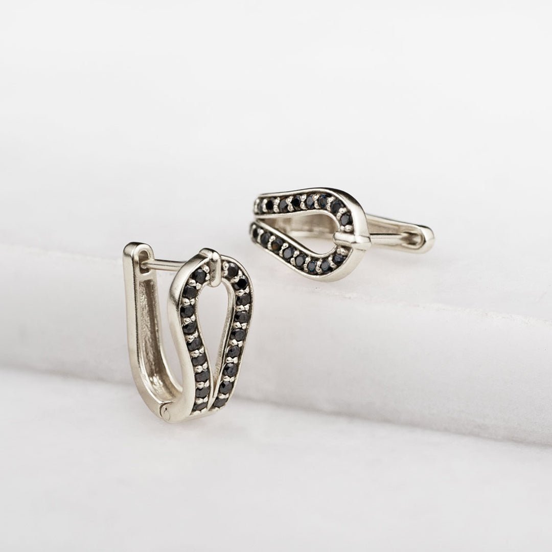 Urban Equestrian  Levade - Moissanite Black Stone Sterling Silver Horseshoe Earring