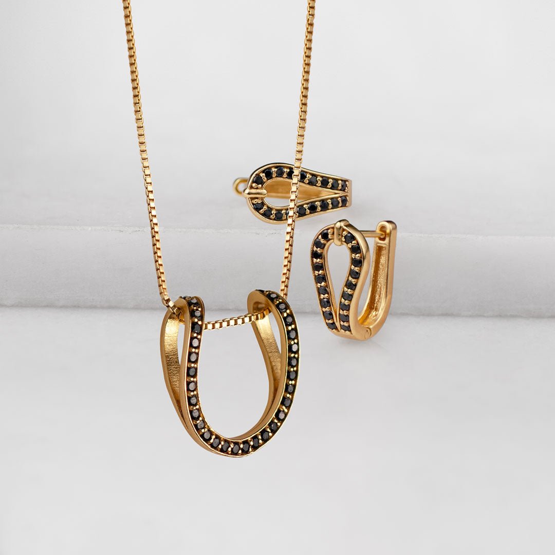 Urban Equestrian  Levade -Black Moissanite Horseshoe Equestrian Necklace in Gold