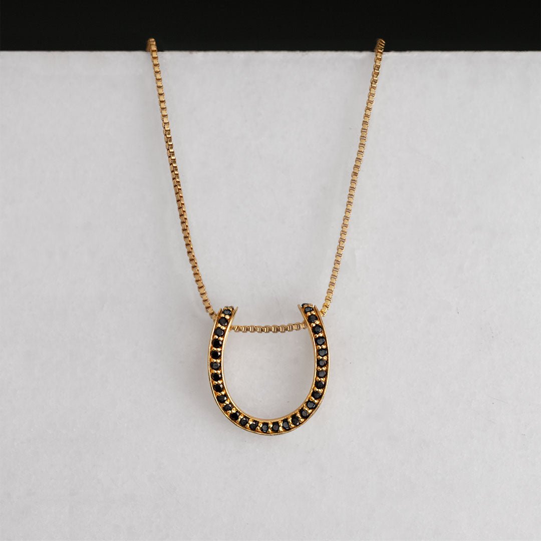 Urban Equestrian  Levade -Black Moissanite Horseshoe Equestrian Necklace in Gold