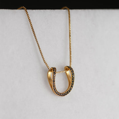 Urban Equestrian  Levade -Black Moissanite Horseshoe Equestrian Necklace in Gold