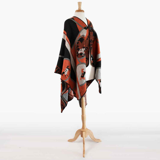 Urban Equestrian  Adina -  Equestrian Motif Shawl in Tangerine, Charcoal and Black Luxe Wrap