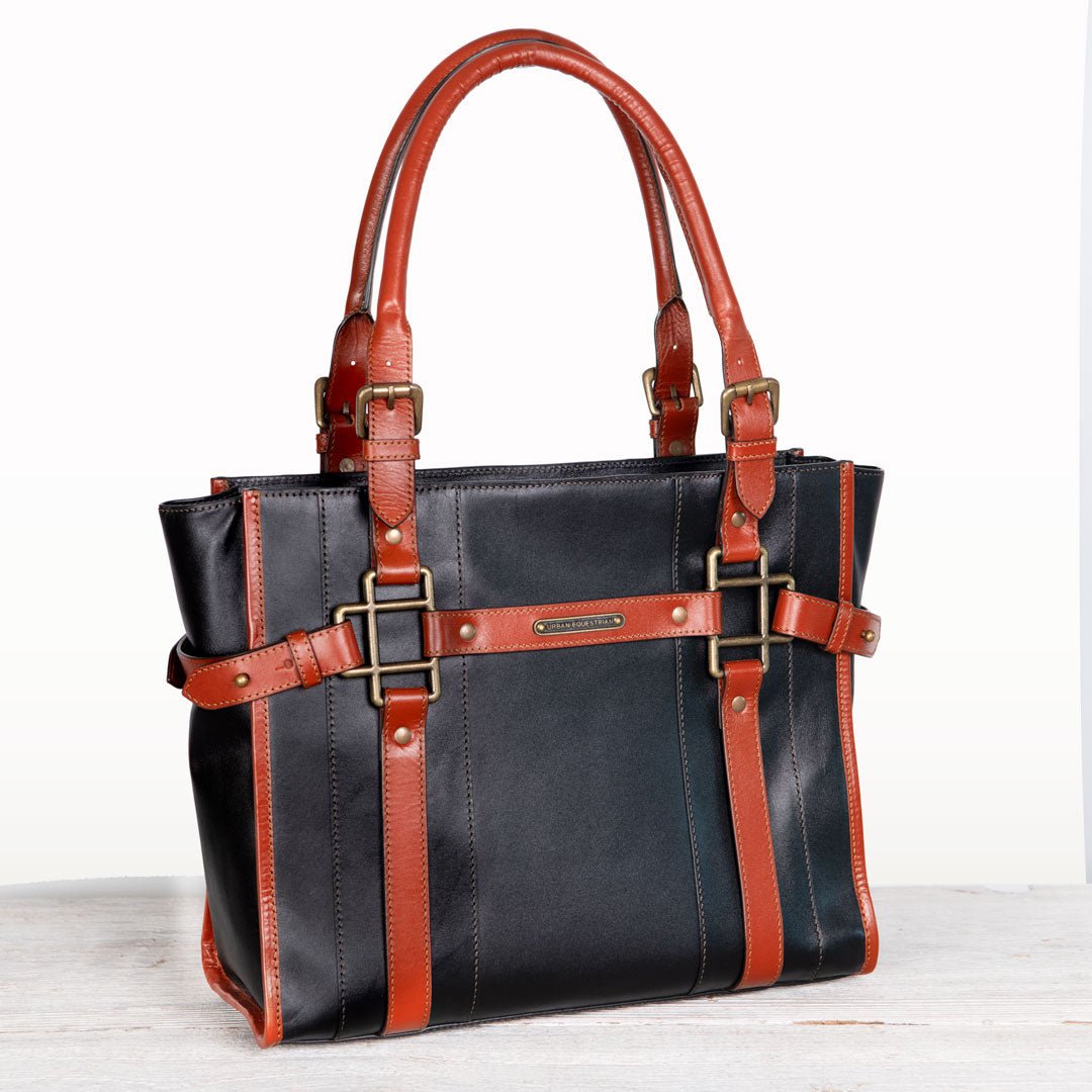 Urban Equestrian  Paddock -  Halter Tote Luxury Leather Handbag in Cognac on Black
