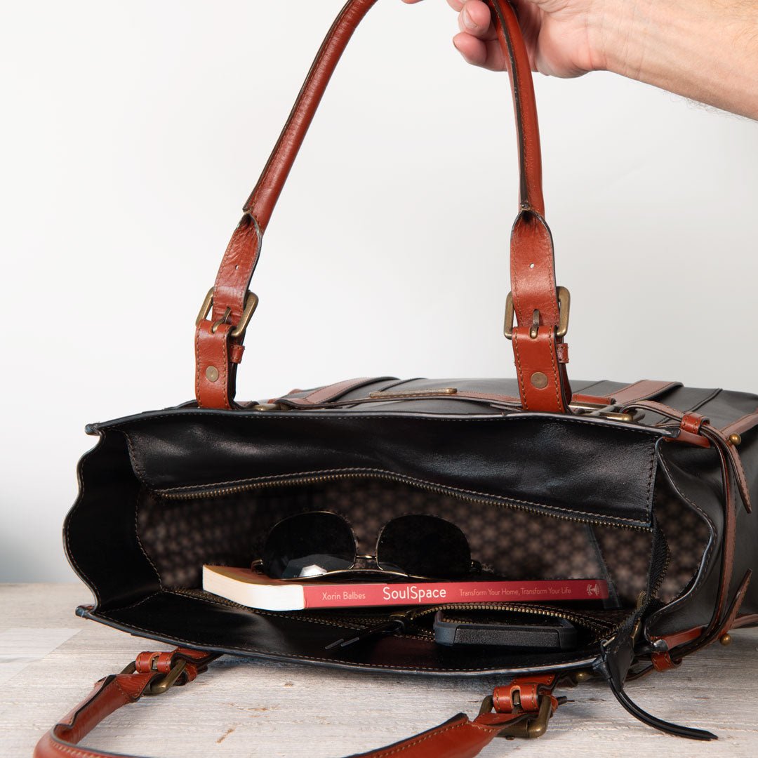 Urban Equestrian  Paddock -  Halter Tote Luxury Leather Handbag in Cognac on Black