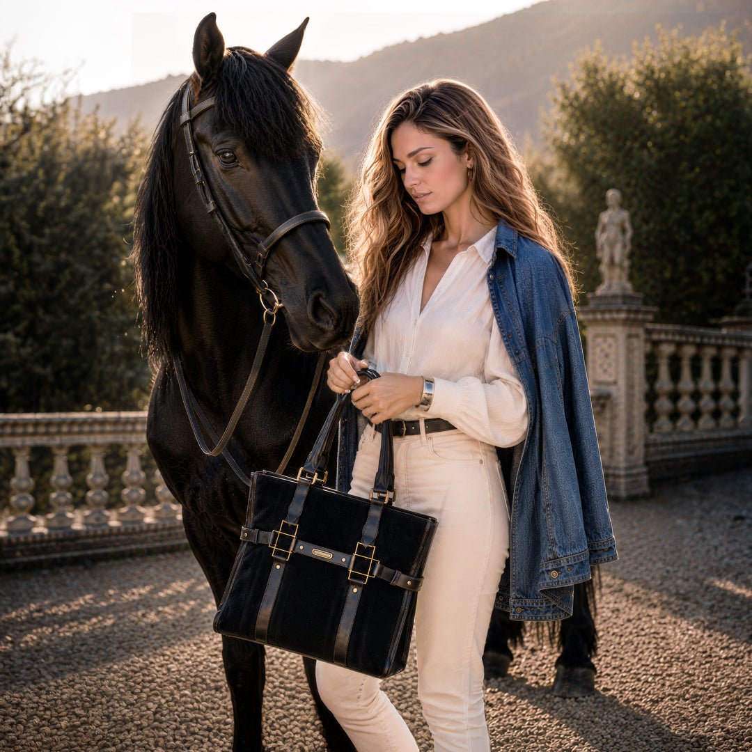 Urban Equestrian  Paddock -  Halter Tote Luxury Leather Handbag in Black on Black