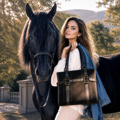Urban Equestrian  Paddock -  Halter Tote Luxury Leather Handbag in Black on Black