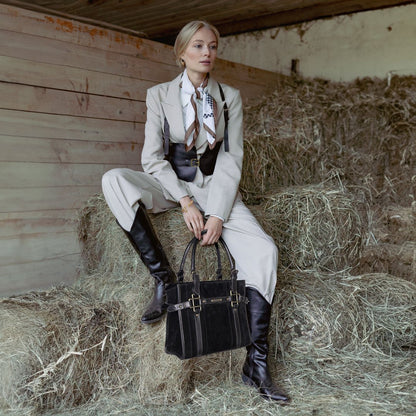 Urban Equestrian  Paddock -  Halter Tote Luxury Leather Handbag in Black on Black