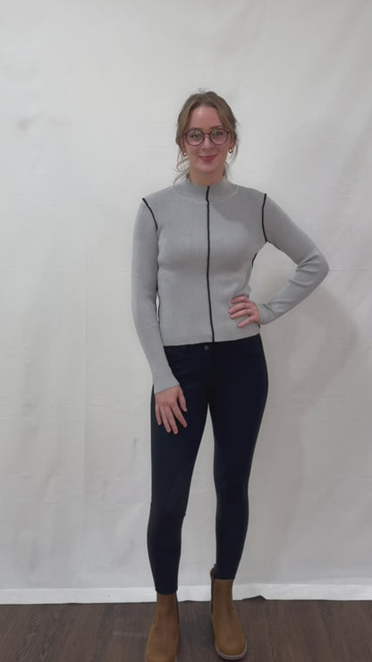Kastel Dove Gray Ribbed Mock Neck Sweater with Black Piping