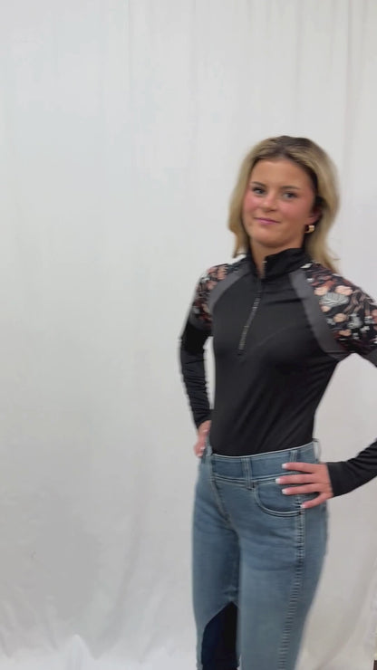Kastel Women's 1/4 Zip Long Sleeve Paneled Raglan With Crystal Zipper