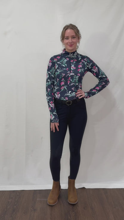 Kastel Long Sleeve Navy Garden Blooms 1/4 Zip Sun Shirt