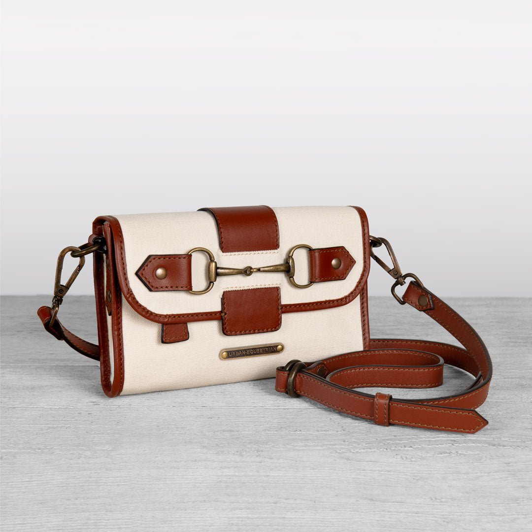 Urban Equestrian  Dalton - Horse Bit Crossbody Luxury Leather Handbag in Cognac on Ivory