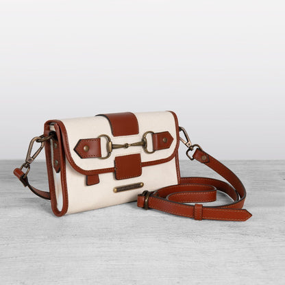 Urban Equestrian  Dalton - Horse Bit Crossbody Luxury Leather Handbag in Cognac on Ivory