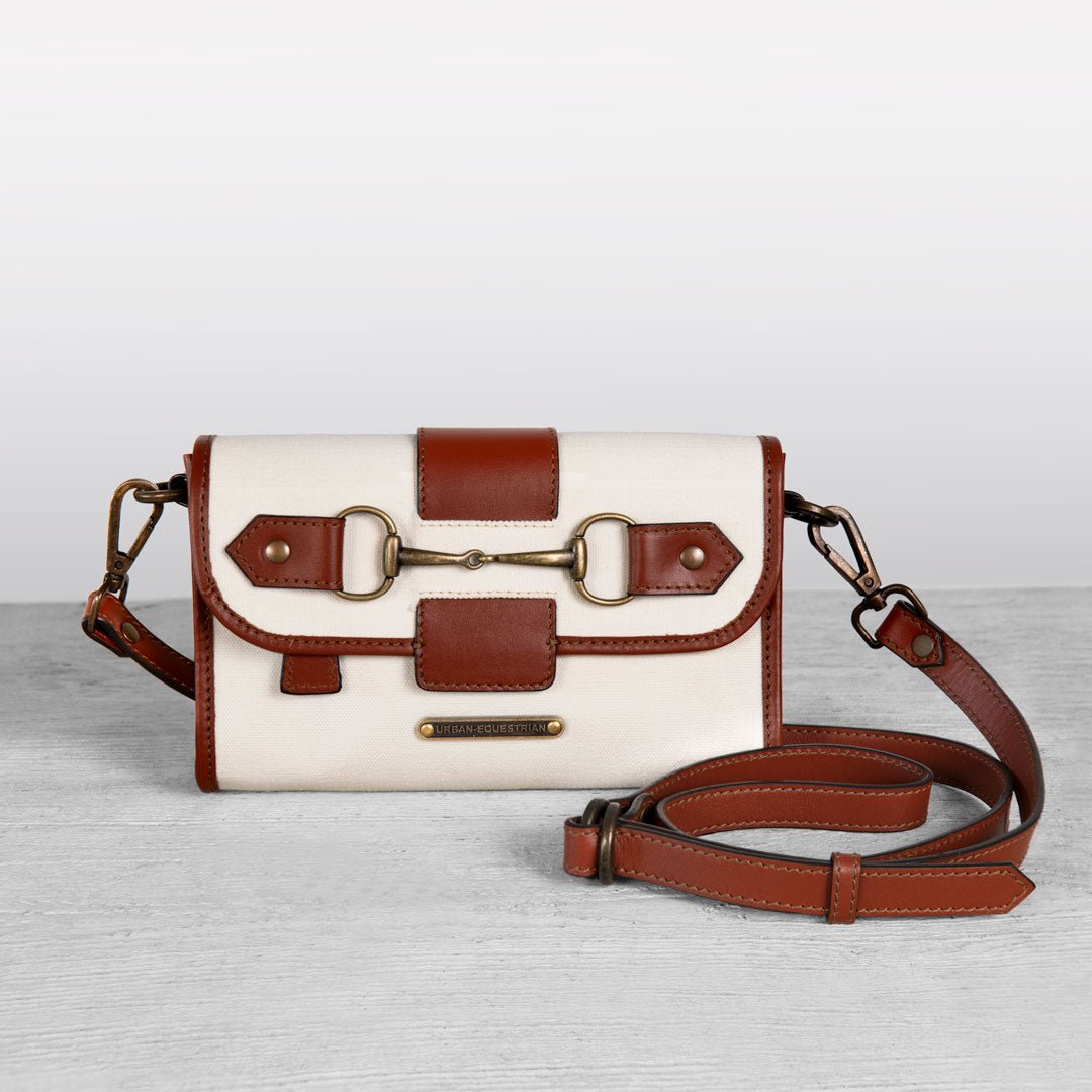 Urban Equestrian  Dalton - Horse Bit Crossbody Luxury Leather Handbag in Cognac on Ivory