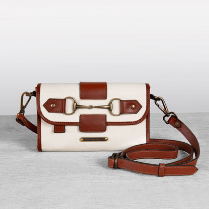 Urban Equestrian  Dalton - Horse Bit Crossbody Luxury Leather Handbag in Cognac on Ivory