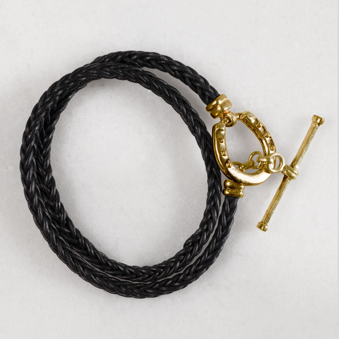 Urban Equestrian  Roundup - Braided Leather Horseshoe Bracelet in Black & Gold