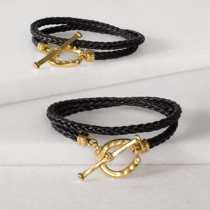 Urban Equestrian  Roundup - Braided Leather Horseshoe Bracelet in Black & Gold