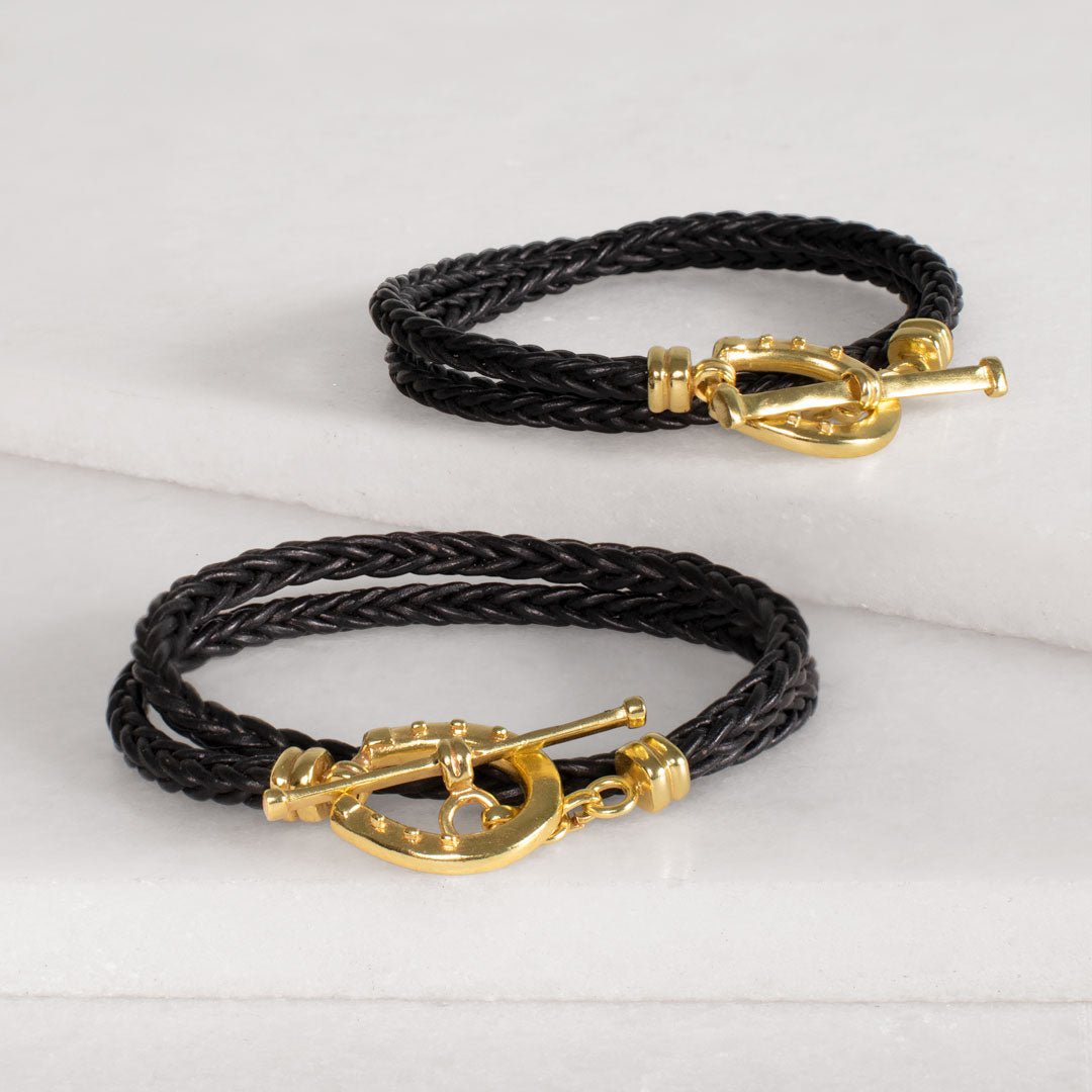 Urban Equestrian  Roundup - Braided Leather Horseshoe Bracelet in Black & Gold