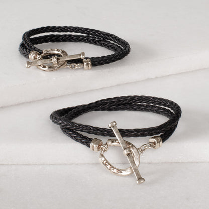Urban Equestrian  Roundup - Braided Leather Horseshoe Bracelet in Black & Silver