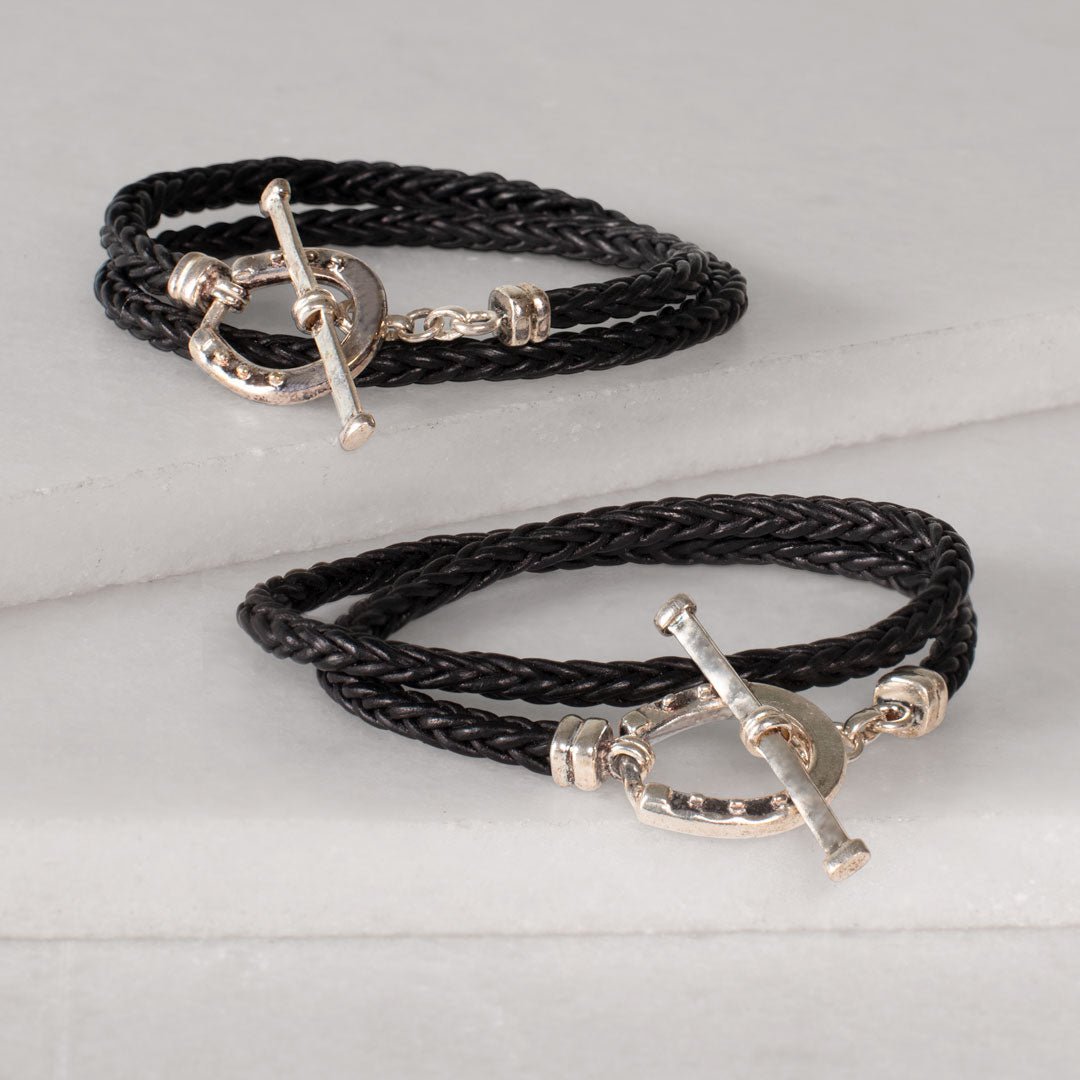 Urban Equestrian  Roundup - Braided Leather Horseshoe Bracelet in Black & Silver
